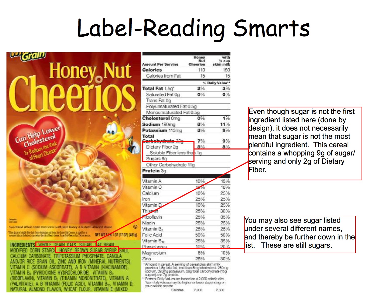 Control the sugar addiction by becoming a smart label-reader, as seen here on a box of cereal.