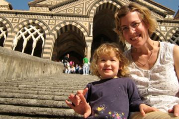 mom and daughter on italian steps